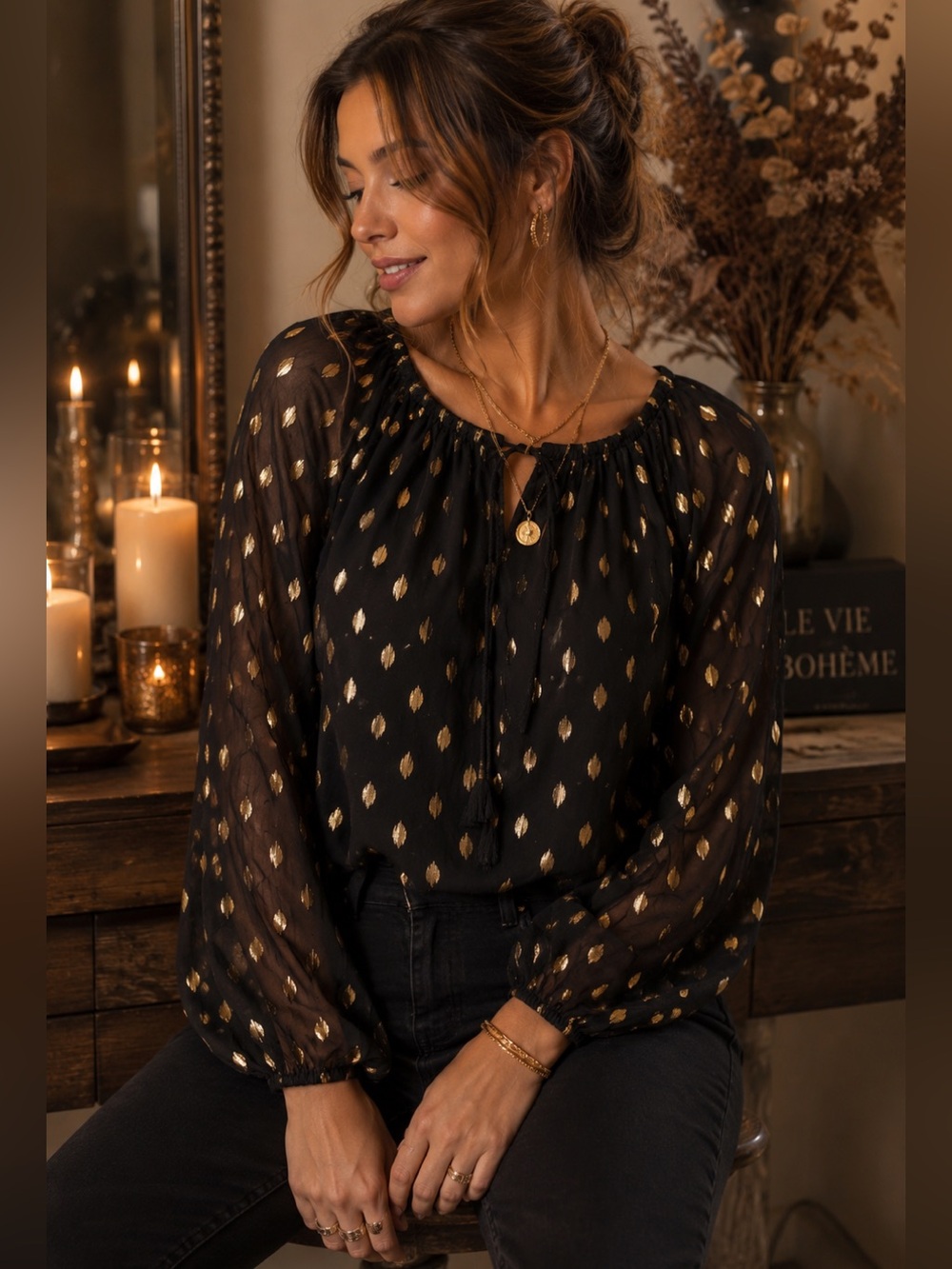 Black Gold Metallic Boho Peasant Blouse‎ Sheer Sleeve Top
